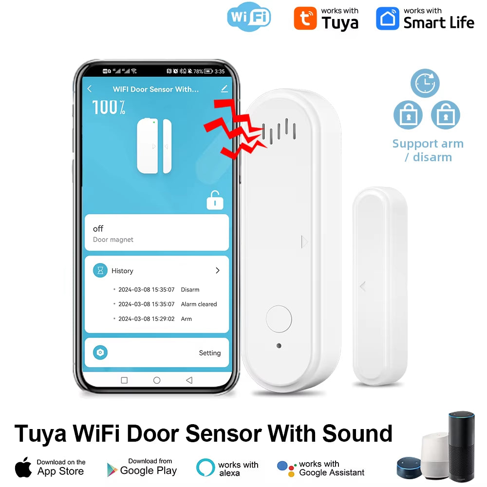 Tuya Wifi or Zigbee Window Door Sensor with Battery Smart Home Security Alarm System Voice Control via Alexa Google Home Smart