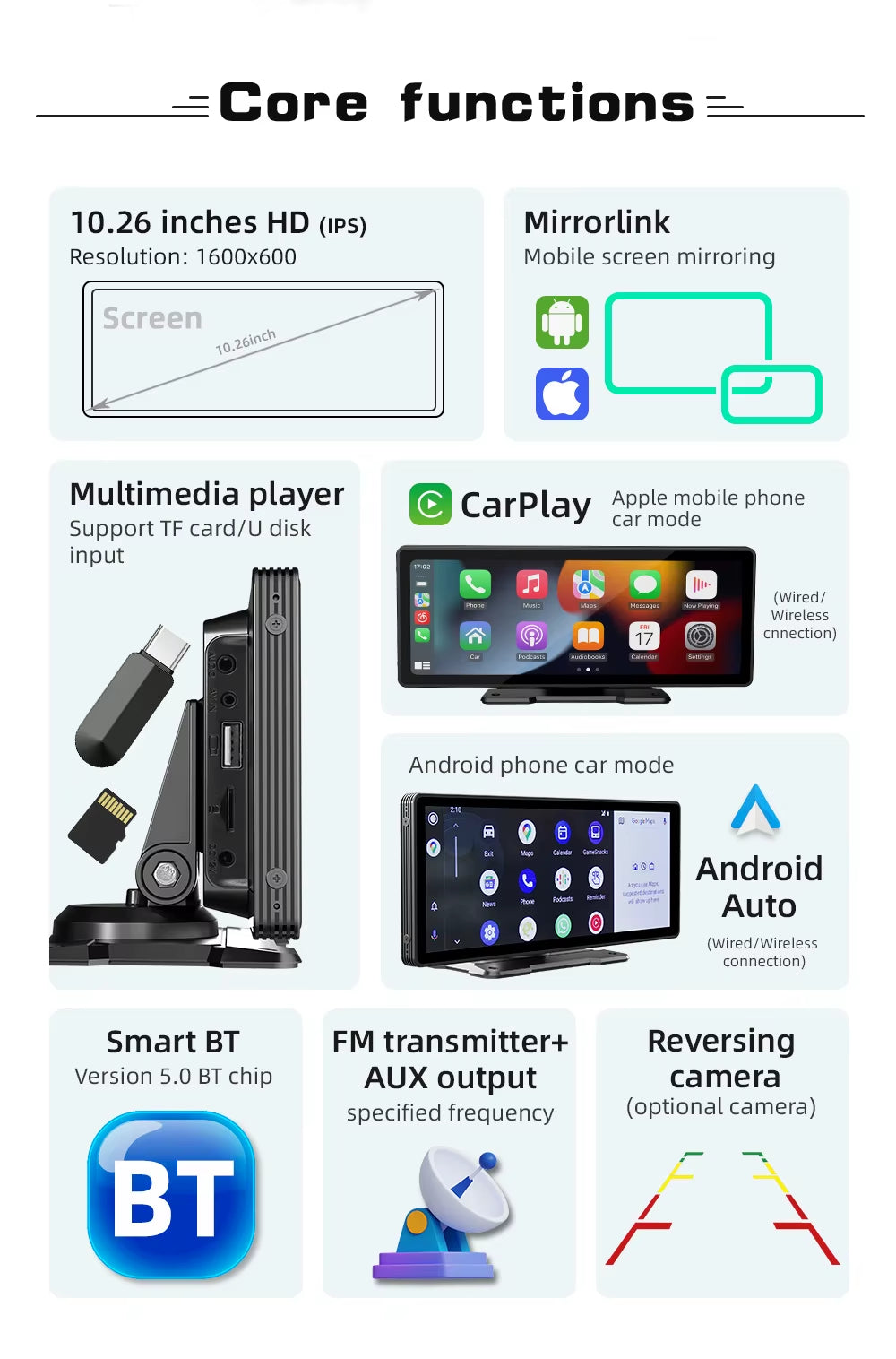 10.26-Inch Portable Car MP5 Player with Mirrorlink, Wireless CarPlay, Android Auto, Bluetooth, TF, USB, DVR, and Rearview for Universal Compatibility