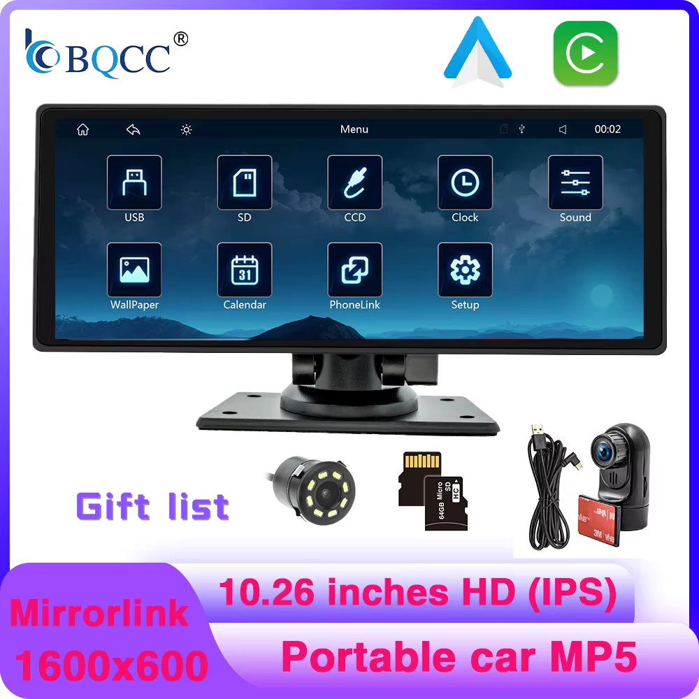 10.26-Inch Portable Car MP5 Player with Mirrorlink, Wireless CarPlay, Android Auto, Bluetooth, TF, USB, DVR, and Rearview for Universal Compatibility