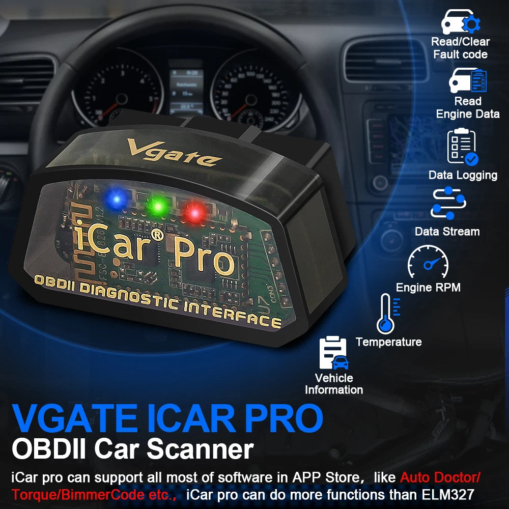 Icar Pro ELM327 V2.3 OBD-II Car Diagnostic Tool with WiFi and Bluetooth 4.0 Compatibility for Android/iOS and BT 3.0 for Android OBD-II Scanner