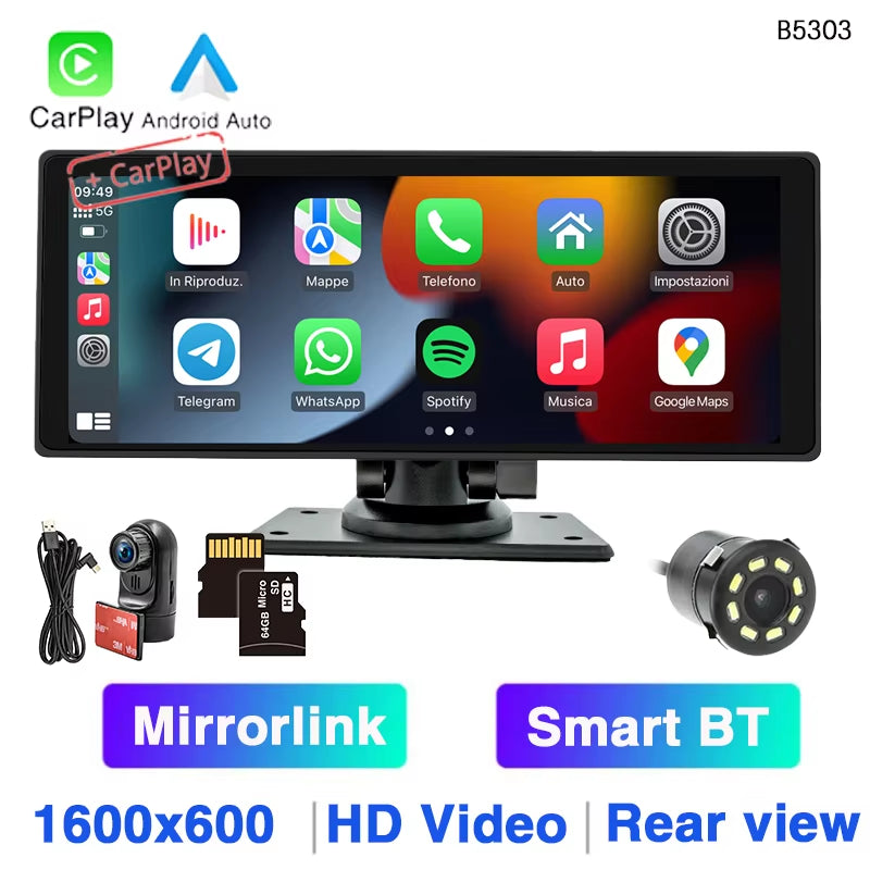 10.26-Inch Portable Car MP5 Player with Mirrorlink, Wireless CarPlay, Android Auto, Bluetooth, TF, USB, DVR, and Rearview for Universal Compatibility